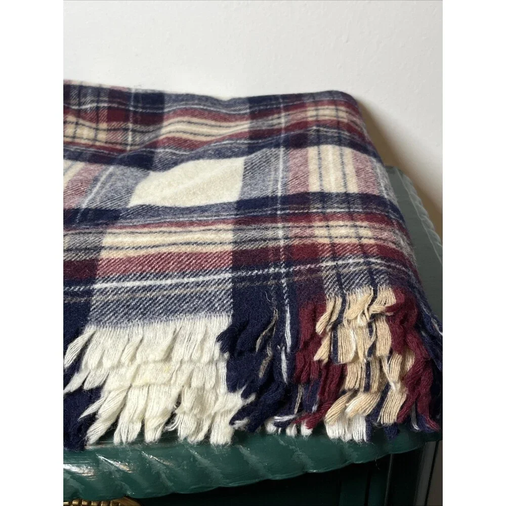 Vintage James Dalgliesh Burgundy Navy Blue Plaid 100% Wool Throw Blanket UK